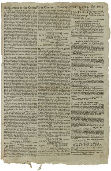 1784 Hartford Courant with Runaway Slave Advertisement