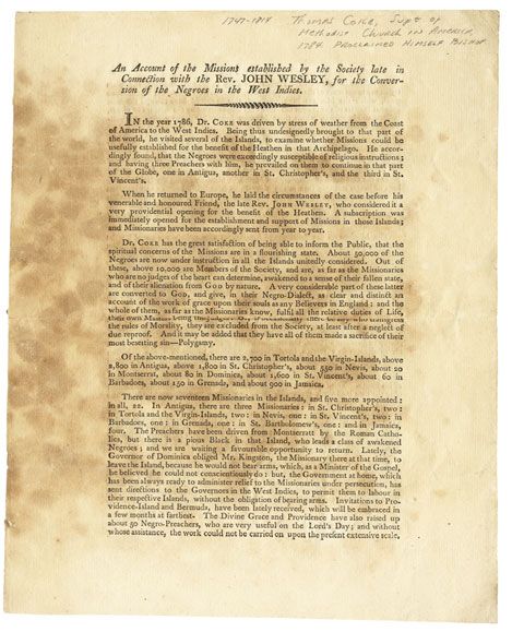 While in America he spoke out against slavery and wrote a letter on the subject to George Washington - Great Broadside on Negro Missions on the Continent of America