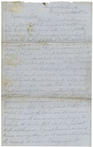 2nd Virginia Infantry Letter “..the storm was the most severe of any since the war, and we were praying (in Irish) for the Lincoln fleet which has just set sail southward, it must have made some 