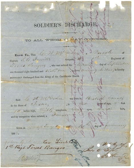 Terry’s Texas Rangers Civil War Discharge for Lt. Colonel Walker