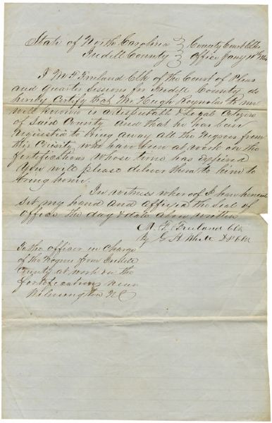 Confederate Order to Remove the Impressed Slaves from the Fortifications on the North Carolina Coast