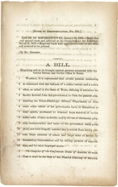 A Bill requiring suit to be brought against persons connected with the Cotton Bureau and Cotton Office in Texas
