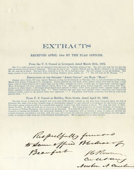 Excellent 1862 Naval Extract Broadside Signed by Admiral Stephen Clegg Rowan