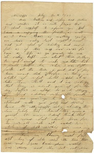Drunk 63rd Ohio Infantry Soldier Writes Home on the Fourth of July from Mississippi