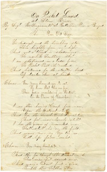 Soldier’s Poem to the Tune of “Poor Old Slave” Titled “On Picet Guard at Stone River”