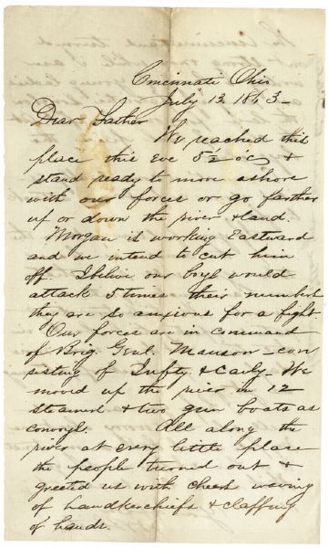 Major Smith of the 8th Michigan Cavalry Writes of Chasing Morgan outside Cincinnati