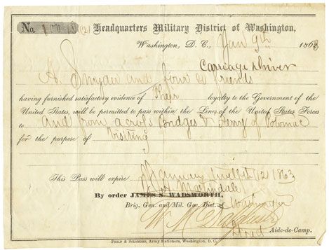 Rare Federal pass printed by the well known Jewish firm Philip & Solomons of Washington and Signed by Officer WIA at Spotsylvania 