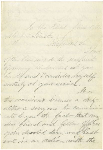 56th Massachusetts Officer Letter to the Family of a Comrade Wounded in Action at Bethesda Church, Who Would Later Die of his Wounds