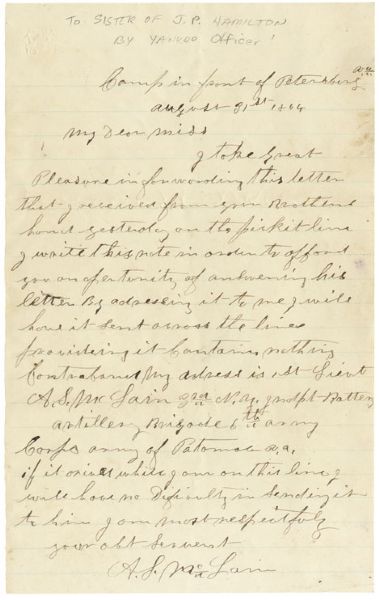 3rd New York Artillery Letter Sending a Confederate Tennessee Letter to the Soldier’s Sister