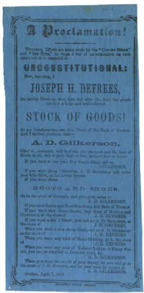 Unusual Civil War Marketing Ephemera “When you want any kind of Yankee Notions or Fancy Fixin’s, you can be supplied at Defrees’ store...”