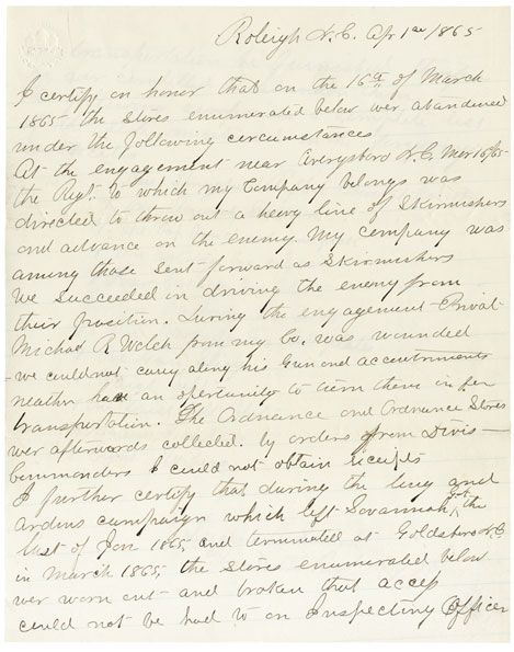 Union Document on the Battle of Averasborough, North Carolina