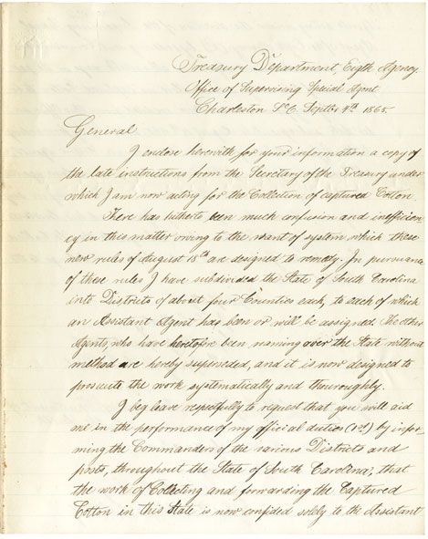 General Gilmore is Asked to Aid in the Collection of Confiscated Confederate Cotton