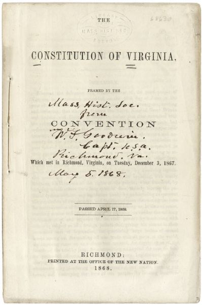The Constitution of Virginia Signed by Chickamauga Hero