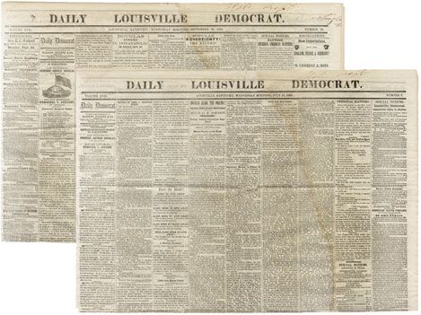 Pair 1860 Daily Louisville Democrats - Douglas & Democratic Convention Content - Sent to State Dept.
