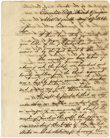 Great War of 1812 Letter Written by the Governor of Georgia 