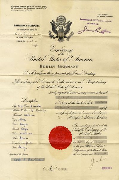 “Emergency Pass” Issued by the US Embassy in Berlin in 1914