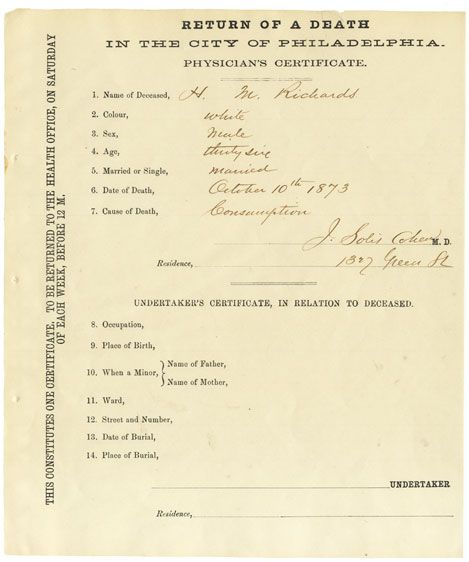 Dr. Jacob da Silva Solis Cohen, Civil War Surgeon, 1st American to Perform a Successful Laryngotomy - Signed Death Certificate