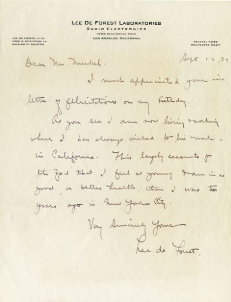 He Invented the Audion - Lee De Forest Autograph Letter Signed