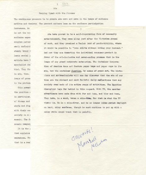 Marshall McLuhan Signed Typescript on Advertising