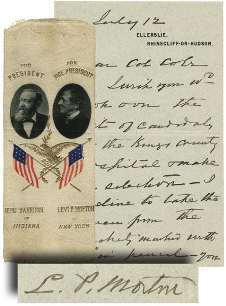 Vice President Levi Morton Autograph Letter Signed and Political Ribbon