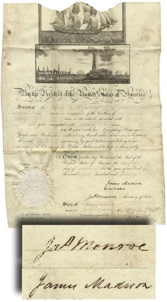 Ship Passport Signed by President James Madison & Secretary of State James Monroe