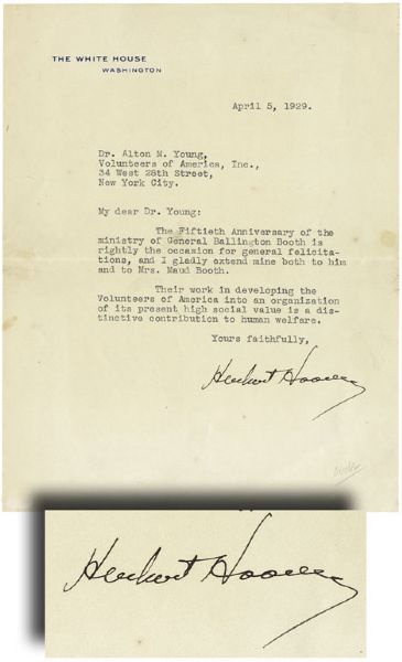 President Hoover Writes Regarding the Founder of “God's American Volunteers”