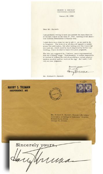 Letter Signed by Harry Truman Pertaining to a Speech