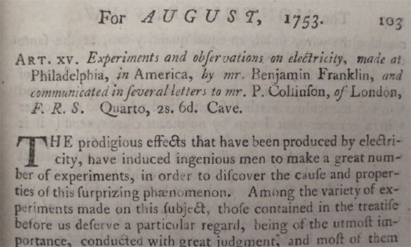 Benjamin Franklin Writes Regarding His Experiments With Electricity