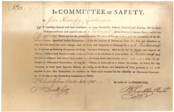 Less than six months after Lexington and Concord, Benjamin Franklin commissions an officer of a Provincial Armed Boat for the protection of the Province of Pennsylvania … and for the defense of 