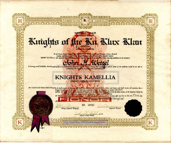 Geargia Ku Klux Klan Membership Certificate