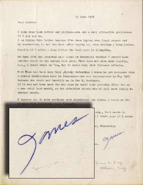 James Earl Ray Typed Letter Signed Mentioning the Martin Luther King Assassination