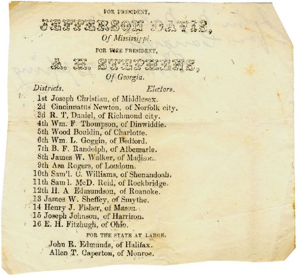 Election Ticket for Jefferson Davis and A.H. Stephens