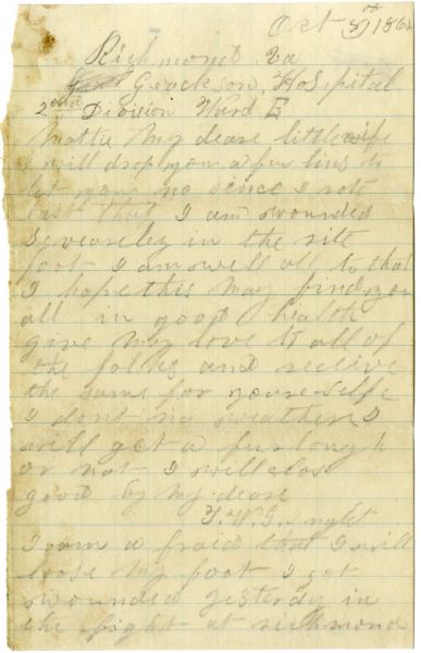 28th Georgia Soldier Writes of Being Wounded at Darbytown Road