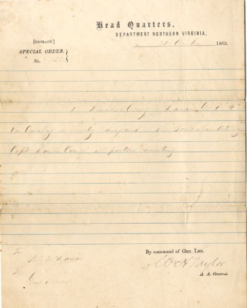 Walter Taylor Orders a 4th Virginia Cav. Soldier be Transferred to the “Powhatan Artillery” with Endorsement by General Lomax