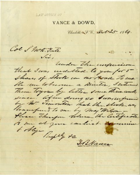 Zebulon Vance Autograph Letter Signed to Colonel Tate