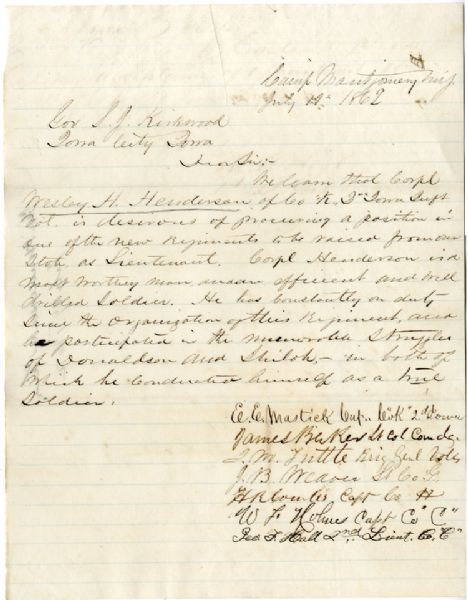 General James Tuttle and Other Ranking Iowa Officers Recommend a Soldier who Has Proved Himself at Fort Donaldson and Shiloh