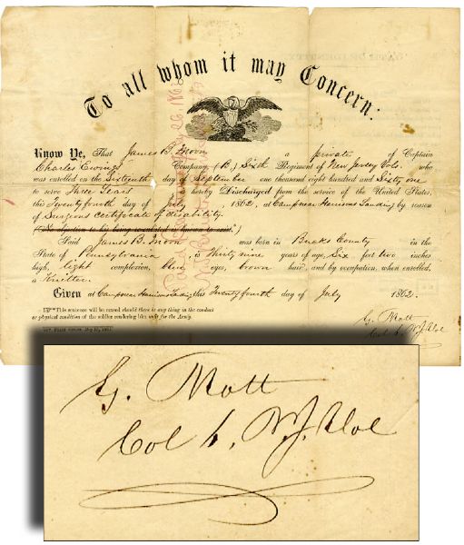General Gershom Mott Signed Discharge for a 6th New Jersey Soldier