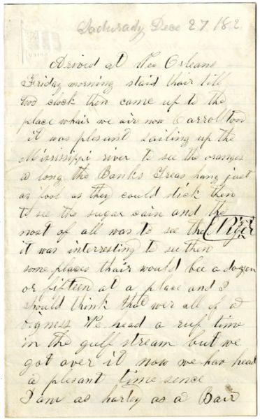 15th New Hampshire Soldier Writes of Seeing Slaves Along the Mississippi River