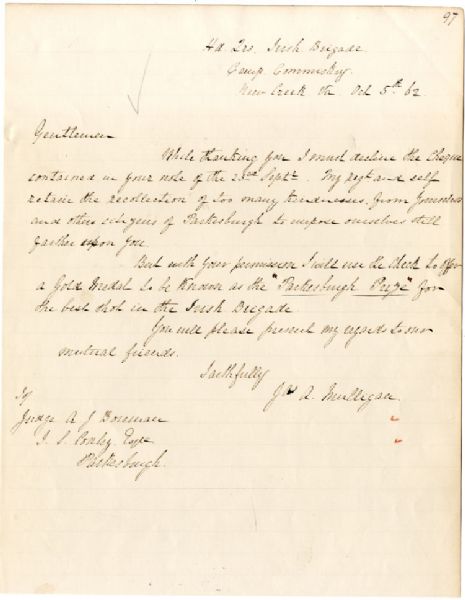 Colonel James Mulligan Writes of the “Parkesburgh Prize”