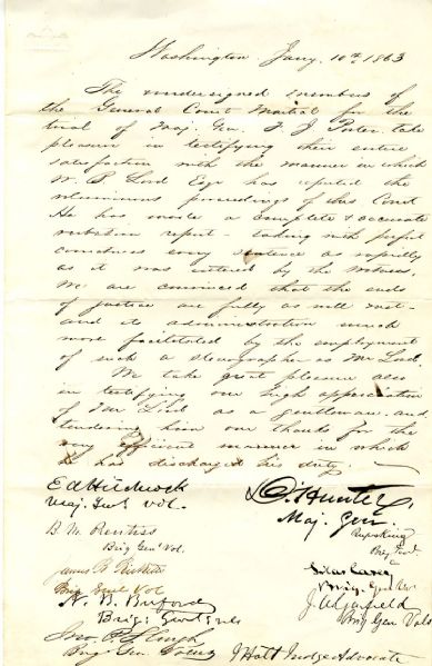 Extraordinary Signed Document Directly Related to the Court-Martial of Maj. Gen. Fitz John Porter