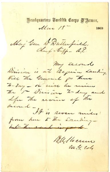 General Henry Slocum War-date Letter to General Danile Butterfield