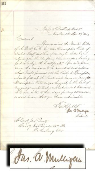 Irish-American Civil War Hero James Mulligan War-date Signed Letter
