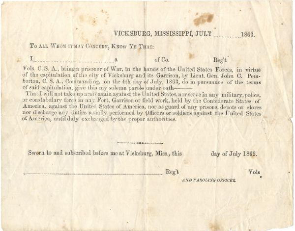 Vicksburg Surrender Parole Document