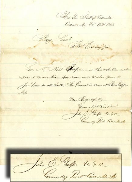 Lt. John Phelps Requests Reinforcements Shortly after Quantrill’s Sacking of Lawrence ,Kansas