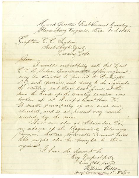 Brigadier General William Wells Signed Document - Awarded the Medal of Honor for his Action at Gettysburg
