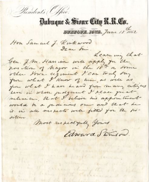 President of the Dubque & Sioux City Rail Road Writes Governor Kirkwood Pertaining to a Commission of Captain Jesse Harrison
