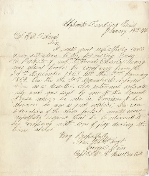 Rare 3rd Mississippi Colored Cavalry Letter
