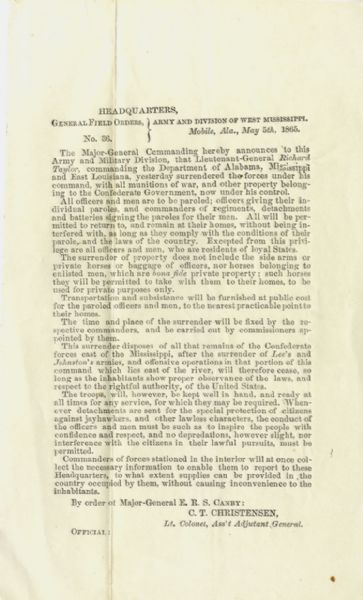 Important Field Printed Broadside on the Surrender of General Taylor’s Forces to General E.R.S. Canby