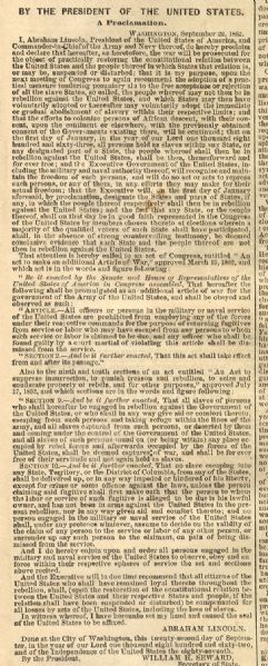 Full Printing of the Preliminary Emancipation Proclamation 