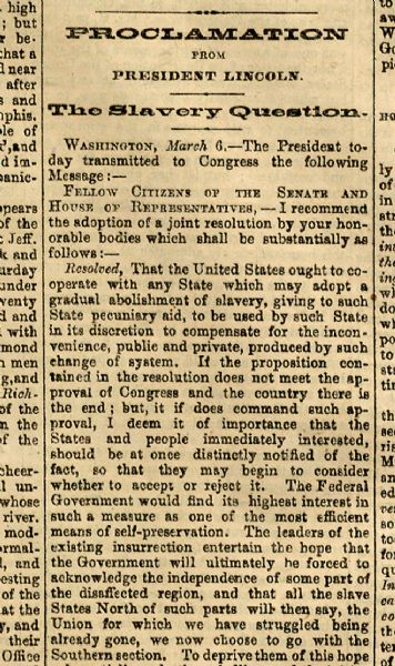 President Lincoln Advocates Gradual Emancipation Through the Federal Government Buying the Slaves